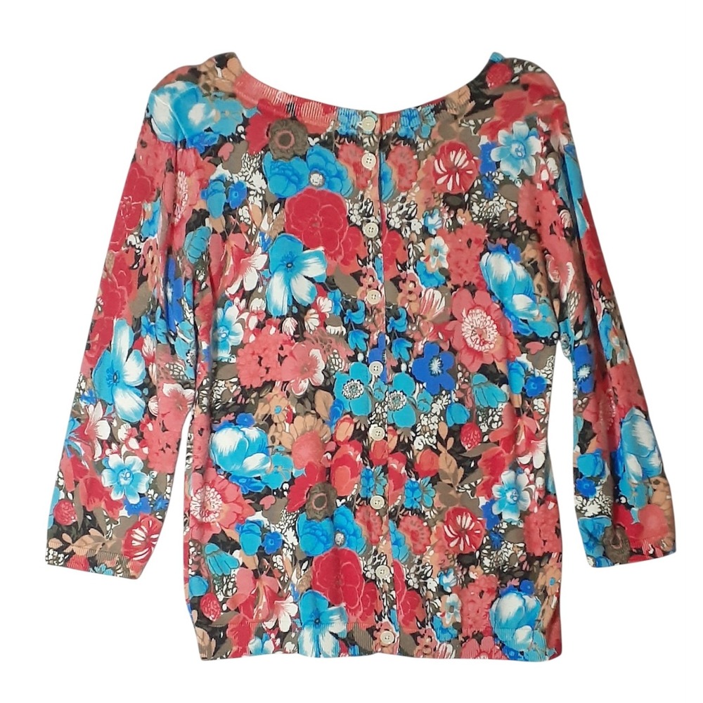 Talbots Floral Print Button Back 3/4 Sleeve Cardigan Top Sz M Cottage Colorful